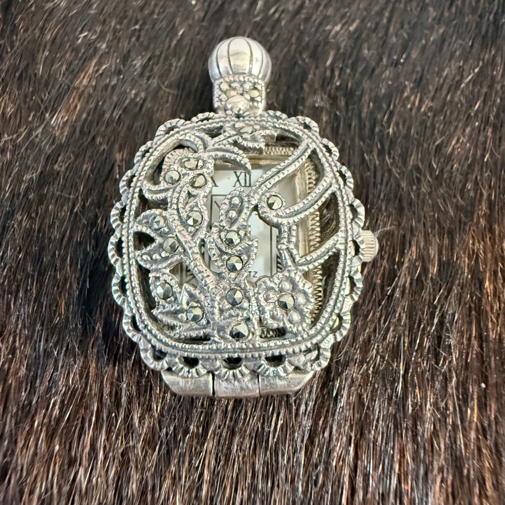 Elegant 925 Vintage Silver Marcasite Floral Womens Locket Watch Pendant 75$